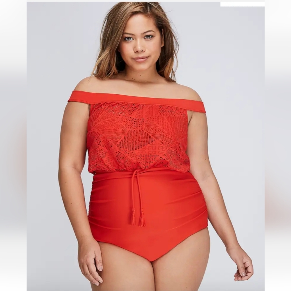 Cacique Swim Bandeau Off Shoulder Crochet Blouson One Piece Swimsuit NEW - Picture 1 of 7